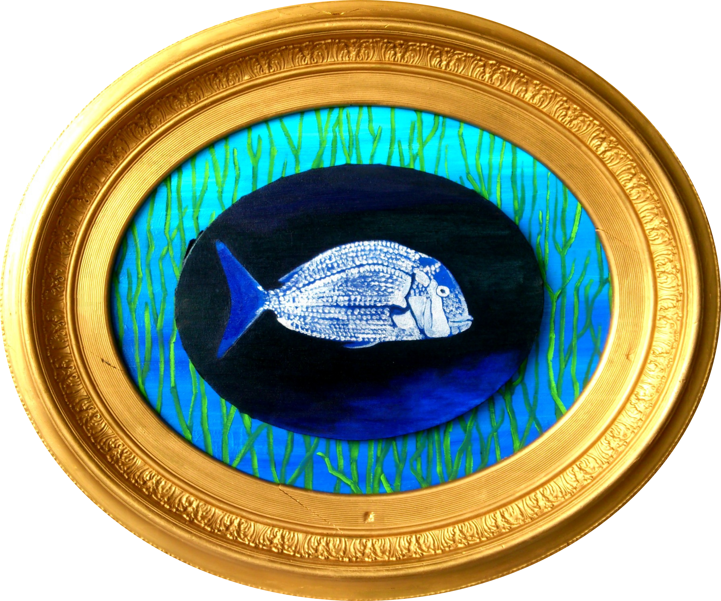 MENU Dorada (2016) oil on canvas on wood with old frame, 78x65cm